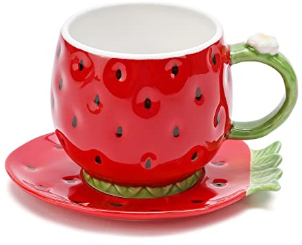Noviko Erdbeer-Teetassen und Untertassen, Erdbeer-Kaffeetasse, 237 ml, Rot | Keramik