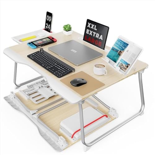 Table, SAIJI laptop tray Large Desktop, with Bookstand, Drawer, Phone Stand, komfortable Handrest, Foldable laptop tray, for Learning, Woking, Eating, Sofa, Bed, 40kg Loadable (Teak, 65*49)