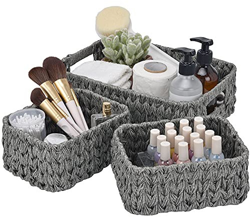 GRANNY SAYS Wicker Storage Set, Pack of 3 - 1 Large Box & 2 Small Baskets, Waterproof, Bathroom Counter Storage, Toilet Tank Topper, Grey