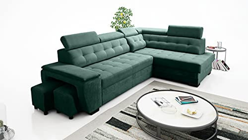 Robin Grand Ecksofa mit Schlaffunktion Bettkasten Kopfstützen Relaxfunktion 2 Hocker Sofa L-Form Schlafsofa Freistehende Eckcouch Schlafcouch Wohnzimmermöbel Wohnlandschaft Rechts Flaschengrün