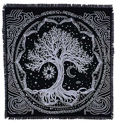 THE ART BOX Altartuch Tarotkarten Tischservietten Hexereizubehör Schwarz Silber Tischdecke Quadratisch Alter Pagan Spirituelles Himmlisches Decktuch mit Fransen, Baum des Lebens, 90x90 cm