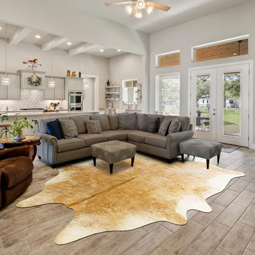 Rtizon Kuhfell-Teppich für Wohnzimmer, waschbarer Rindsleder-Teppich, Kunsttierhaut, rutschfeste Kuhfell-Teppiche, 1,2 x 152 cm, Rindsleder-Teppiche für Schlafzimmer, Büro, Küche, Kamin, Khaki