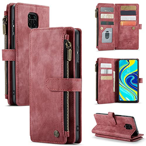 HYKEJI Lederhülle für Xiaomi Redmi Note 9 Pro hülle Leder Schutzhülle Geldbörse, Flip Magnetverschluss Handyhülle, 7 Kartenfächer Reißverschluss Münzfach Kompatibel mit (A)