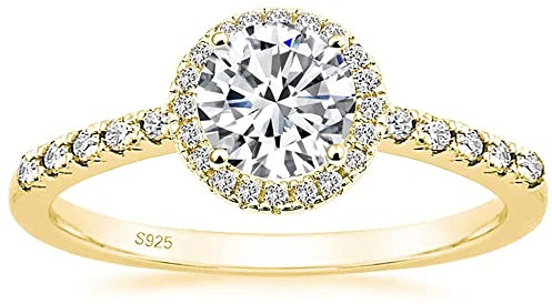Zakk Ring Damen Verlobungsring Silber 925 Runden Zirkonia 1,25 Karat Solitaire Halo Partnerringe Eheringe Trauringe Freundschaftsringe Versprechen Ringe (Gelbgold,62 (19.7))