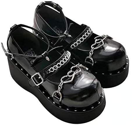 Damen Plattform Mary Janes Schuhe Sweet Toe Knöchel Lolita Gothic Plateau Kleid Pumps Schuhe Chunky Plateauschuhe Lackleder Kleid Schuhe