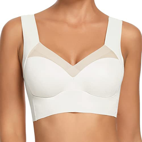 WOWENY BH Damen Ohne Bügel BH Rückenfrei Vollschalen BH Damen Unterwäsche Schlaf Bustier Bralette Komfort Weicher Klassischer BH Weiß L