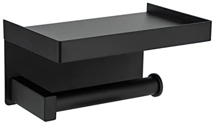 Toprema Toilet Paper Holder Tissue Roll Hanger with Shelf SUS304 Stainless Steel Matte Black Bathroom Lavatory Hardware Wall Mount Adhesive