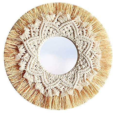 ANBP NóRdico Tejido de Paja Hotel Bed y Breakfast Pared Boho DecoracióN Espejo Tejido Mano DecoracióN de Pared Macramé Espejo