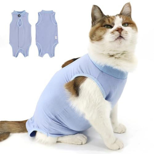 QIYADIN Cat Recovery Suit, Surgical Recovery Clothes for Abdominal Wound or Skin Disease, Cats Onesie After Surgery and Spay, E-Collar Alternative Pajama Suit (Blue, Small)
