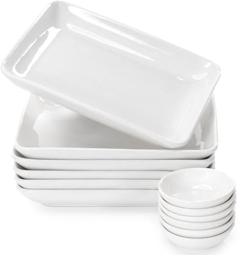 FAMHH 8 Inch Appetizer Plates Set with Dipping Cups for Serving, Desserts, Salads – Chip-Resistant, Porcelain, Rectangular Dinner Plates – Free of Plastic & Lead – 6 Small, White Dinner Plates & Cups