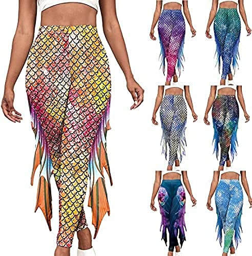 Meerjungfrau Leggings Damen mit Flossen Hohe Taille Fischschuppen Druck Strumpfhosen Glänzend Skinny Hose Pants mit Tüll Gym Sport Yoga Hosen Mermaid Trousers Halloween Karneval Cosplay Kostüm