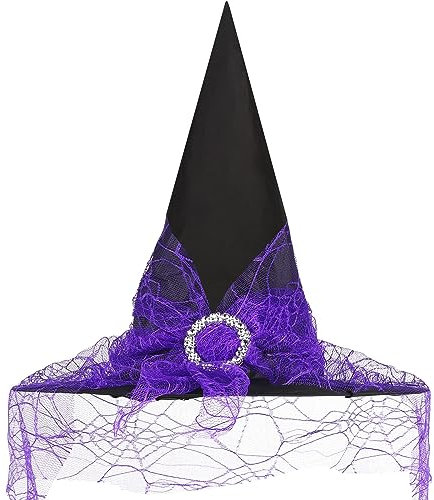 JOFONY Cappello da strega per Halloween, cappello da strega viola, con velo, accessorio per strega, per Halloween, feste in maschera