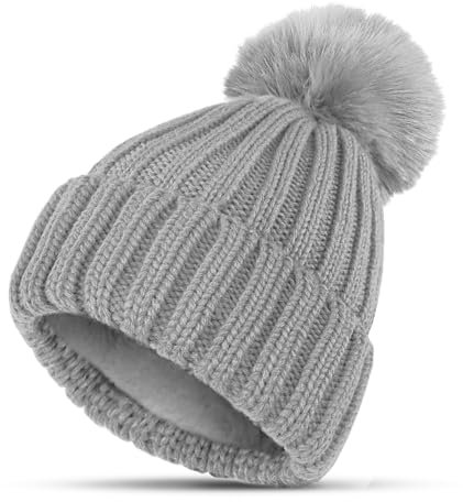 KEECOW Strickmütze Damen Winter,Thermal Warm Wintermütze Fleece Beanie Mütze mit Bommel(Grau)