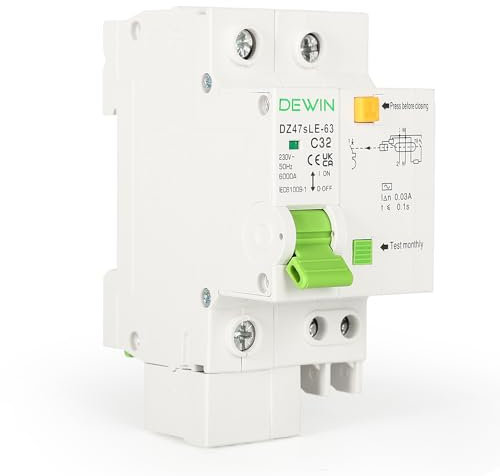 DEWIN Disyuntor Diferencial, Interruptor Diferencial Doméstico 1P+N 32A RCBO con Protección Contra Sobrecarga