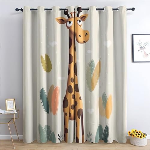 QEODAH Vorhänge Kinder Giraffe Vorhang Blickdicht Ösenvorhang Verdunklungsvorhänge Gardinen Wohnzimmer Schlafzimmer Kinderzimmer Fenster Deko Blackout Curtain 2er Set H 245 x B 140 cm