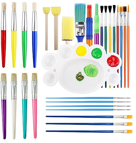 DALAETUS 30 Pièces Peinture Brosse, Pinceaux Enfants avec Palettes de Plateau, Pinceaux Ronds et Plats en Poils de pour Enfants, étudiants, Débutants, Artistes, Professionnel