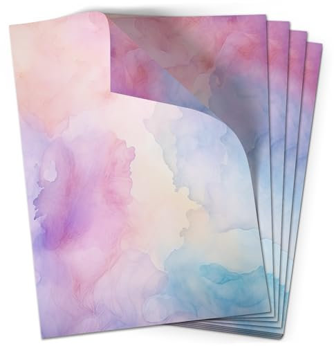 50 Blatt Briefpapier (A4) | Aquarell Bunt Rosa Lila Pink | Bastelpapier | edles Design Papier | beidseitig bedruckt | Bastelpapier | 90 g/m²