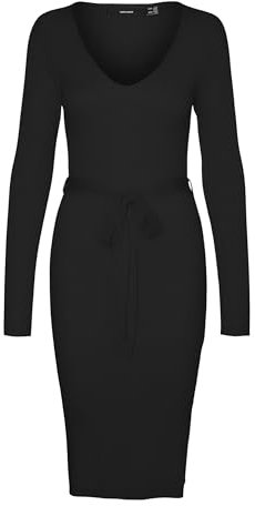 VERO MODA Women's Vmsaba Rib Ls V-Neck Belt Dress Ga Noos, Black, L