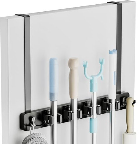 Lorbro Wood Metal Broom Holder Door Mount, 4 Hooks & 4 Slots, 17 x 11, Black, Over the Door Broom and Mop Holder, Household Organization, Gifts