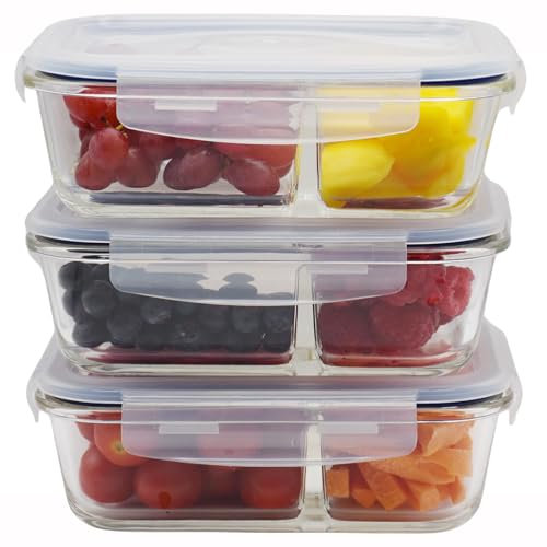 HOCHSTE Glass Meal Prep Containers - 2 Compartment Portion Control Lunch Box - BPA Free Airtight Glass Containers with Lids [3-Pack, 1050ml]