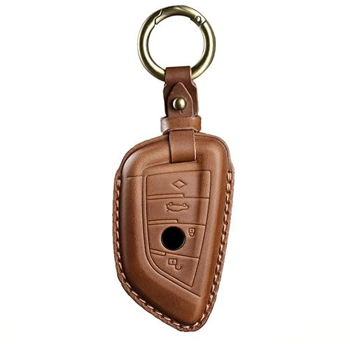 HIBEYO Keyless Autoschlüssel Hülle passt für BMW 1er 2er 3er 4er 6er 7er X1 X2 X3 Schutzhülle Fernbedienung Leder Schlüsselhülle Abdeckung Schlüsseletui mit Schlüsselanhänger-4Tasten Braun