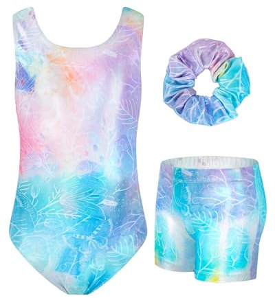 JiAmy Turnanzug Mädchen, Kinder Glitzer Gymnastikanzug Gymnastik Turnanzug Leotard mit Strasssteine Set für 3-12 Jahre