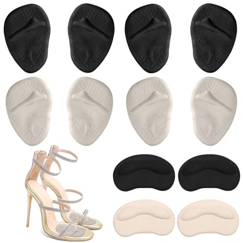 Scettar Ballenpolster Vorfuß + High Heel Cushion Pads Set, Wiederverwendbar Vorfußpolster, Rutschfest Gel Fersenpolster für Absatzschuhe Damen, Fersenschutz Silikon für Schuhe(8 Paar)