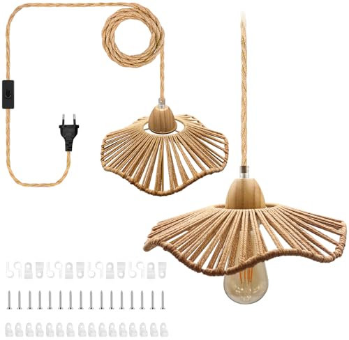 Kit de Colgante de Cuerda de Cáñamo y Interruptor, 5.1M de Lámpara de Suspensión con Enchufe, Lámpara de Cáñamo Trenzada a Mano Pantalla de Cuerda de Cáñamo Receptáculo de Base E26E27 Lámpara Boho