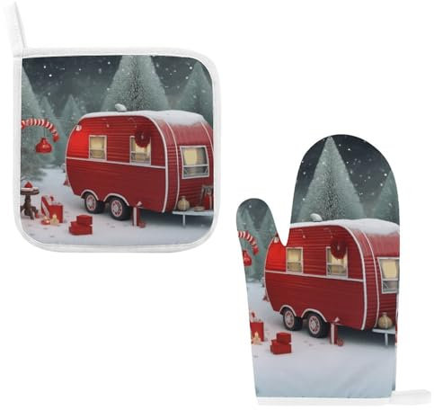 Lot de 2 gants de cuisine et maniques de Noël rouges résistants à la chaleur