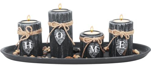 Gearific Wooden Candle Holders Set, 4 Holders, Natural Stones, Wooden Tray, Perfect for Tables, Centerpiece, Home Decorations