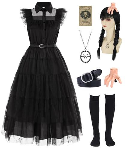 Mrsclaus Wednesday Kostüm Damen Schwarzes Gotisch Kleid Erwachsener Addams Familie Cosplay Outfit mit Perücke Halskette Haarnadel Socken Karnevalskostüme für Fasching Halloween C064L