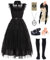 Mrsclaus Wednesday Kostüm Damen Schwarzes Gotisch Kleid Erwachsener Addams Familie Cosplay Outfit mit Perücke Halskette Haarnadel Socken Karnevalskostüme für Fasching Halloween C064L
