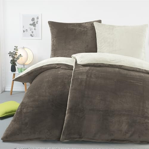 BaSaTex Winter Plüsch Bettwäsche Set 4 Teilig Nicky-Teddy Cashmere-Touch | Flauschiger Deckenbezug und Kissenbezug | Größe: 2X 135x200 cm + 2X 80x80 cm | Farbe: Taupe/Wollweiss