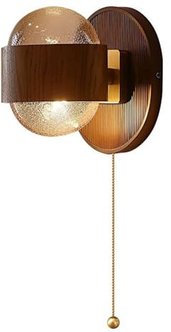 RXPVUXE Elegante apparecchio di illuminazione per la casa, applique da parete moderno in legno con interruttore a catena, lampada da parete in vetro incandescente con globo su e giù Wabi Sabi, appliqu
