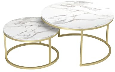 Soayone Couchtisch 2er Set, Marmor Couchtisch Gold, Wohnzimmertisch Weiß, Couchtische Rund, Tisch Wohnzimmer Modern,80 x 80 cm & 60 x 60 cm