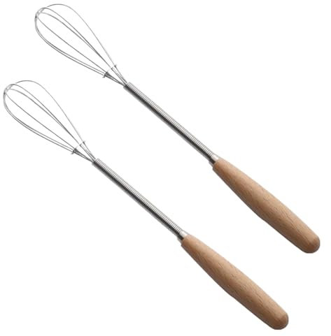 2pcs Kitchen Mini Wire Whisks, Small Portable Stainless Steel Whisk, Sturdy Whisk with Wood Hand, for Cooking, Mixing, Whisking, Stirring, Blending