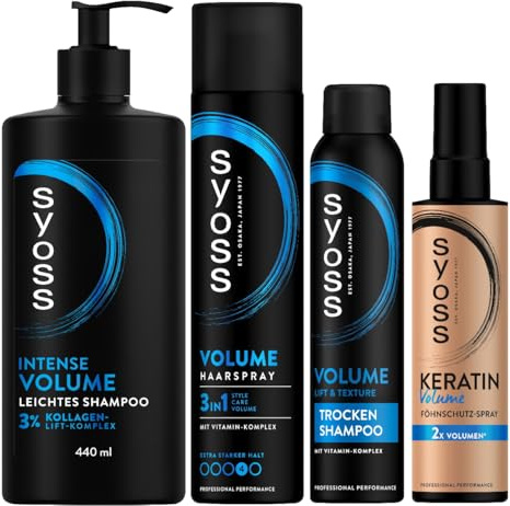 SYOSS Shampoo Intense Volume Shampoo (440 ml) Haarshampoo & Haarspray (400ml) & Trockenshampoo Volume Lift & Texture (200 ml) & Keratin Volume Föhnschutz-Spray (200 ml)