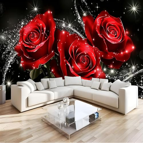 JSCWDET Mural Wallpaper 3D Glitter Swirl Silk Mural Wallpaper Modern Red Rose Photo Mural for Bedroom Living Room Classroom Office Not Self-Adhesive150 × 105 cm