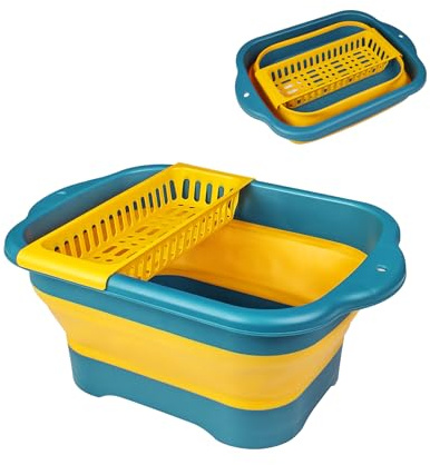 Collapsible Dish Basin with Portable Sink, 11L(2.91 Gallon) Collapsible Bucket with Drain Plug for Dish Pan and Vegetable, Wash Basin for Station Campin/Camping/Rv/Kitchen(Yellow)