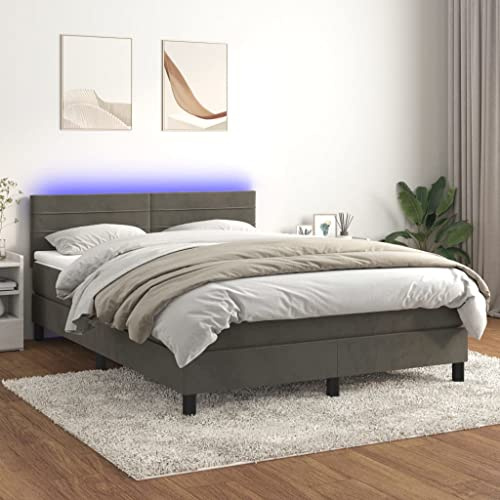 IKAYAA Boxspringbett mit Matratze 140 x 200 Bett mit LED Beleuchtung & Topper Boxspringbett 140 x 200 cm Bett mit Matratze und Lattenrost Bett komplett mit Kopfteil Samt-Dunkelgrau-140 x 200 cm