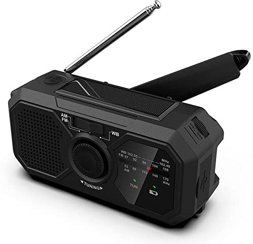 Emergenza portatile con AM/FM/WB/NOAA Allerta Meteo, Solar & Hand Crank Power Bank, Torcia, Lettura, SOS, 3 opzioni di alimentazione per sopravvivenza all'aperto