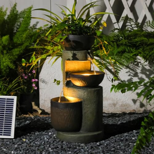 Bumilgar 50cm Outdoor Solar Fountain Waterfall, 3 Tier Bowl Water Feature Garden water feature with LED lights for garden, patio, backyard, deck, porch and outdoor decor,Grey