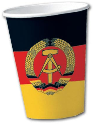 50 Pappbecher DDR Flagge mit Wappen – Partybecher 200 ml, lebensmittelecht, stabil, nur für Kaltgetränke, umweltschonende Einwegbecher für DDR Party, Ostalgie, Geburtstag & Mottoparty (5 x 10 Stück)