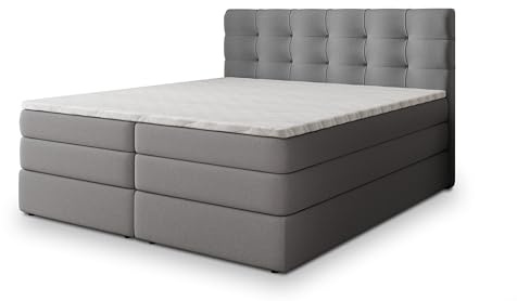 Masseno Boxspringbett AREZI 140x200 cm Komplett-Set mit Matratze und Topper, Polsterbett mit Zwei Bettkästen -Grau, SORO 90