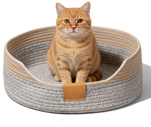 PORFOYO Gewebtes Katzenbett, Katzenkorb Zum Schlafen, Katzenkorb Aus Baumwollseilen, Katzennestchen Geflochtenes, Waschbar, 50x15 cm, Atmungsaktives Für Alle Katze, All Season Universal, Weiß