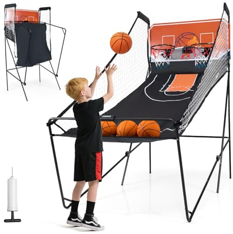 GOPLUS Jeu de Basket Pliable avec 2 Lancer et 8 Modes de Jeu, Arcade Basketball Electronique avec Tableau d’Affichage LED et Effets Sonores, Pompe de Gonflage, 207x106x205, pour Enfants, Adultes