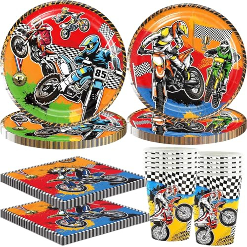 Vaisselle Anniversaire Moto, Réutilisable Fournitures de fête D'anniversaire Dirt Bike, Comprend Assiette, Serviette, pour Les Décorations de Sports Extrêmes de Moto pour Garçons Servir 20