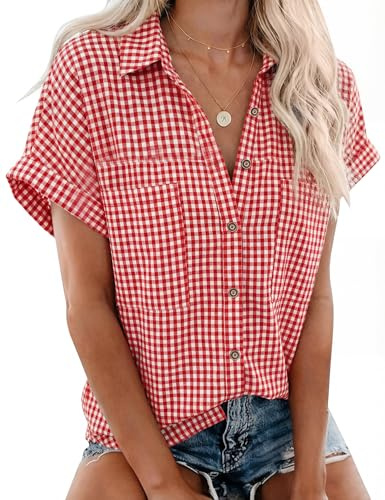 Rapbin Womens Blouse Cotton Short Sleeve Collared Button Shirt with Pockets