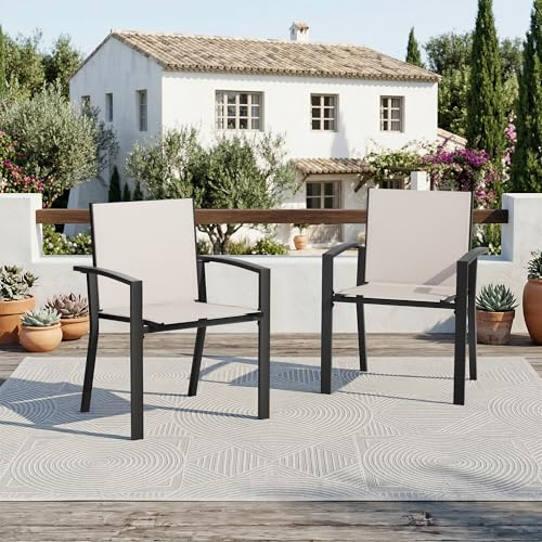 Amopatio 2er Set Gartenstühle Stapelbar mit Armlehnen - Gartenstuhl Hochlehner aus Textilene & Metall, wetterfest & rostbeständig - Komfortabler Gartensessel für Garten, Balkon und Terrasse, Khaki