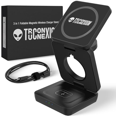 TRUCONNEXION Estación de Carga Magnética 3 en 1 - Cargador Inducción Plegable para iPhone 16/15/14/13, Apple Watch, AirPods - 15W Carga Rápida UFO
